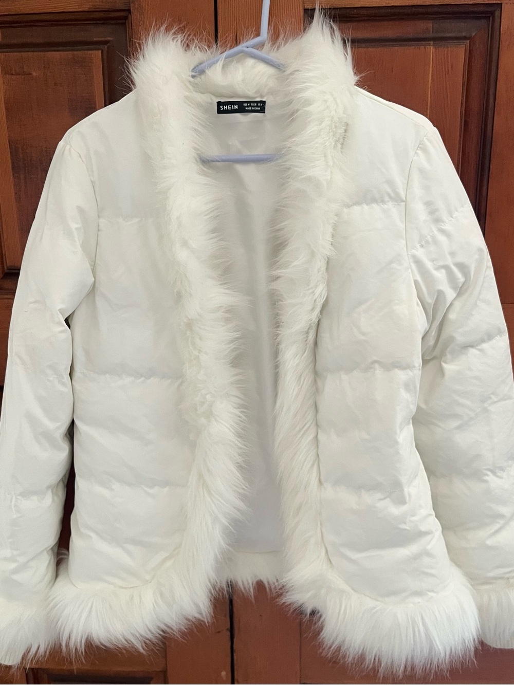 SHEIN White Faux Fur-Trim Quilted Puffer Coat